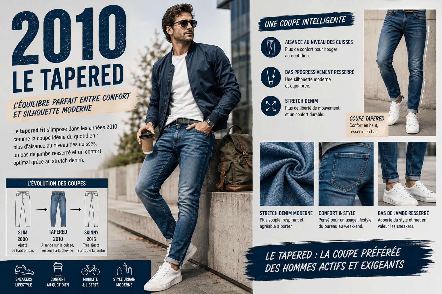 Infographie présentant le jean tapered fit homme avec cuisses confortables, bas de jambe resserré et denim stretch moderne illustrant l'évolution des coupes jeans dans les années 2010