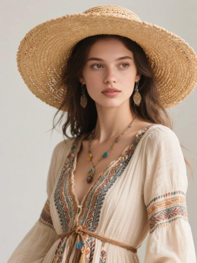 Une image d'une jeune femme avec un chapeau à larges bords en paille, portant une robe en mousseline pastel, assise sur une plage de sable fin, ambiance étendue bohème.