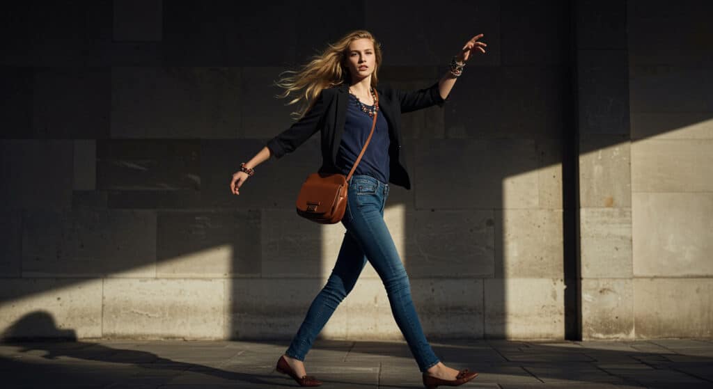 Jeune femme dynamique de 20 ans en tenue casual chic: jean slim, chemisier fluide, petit sac à dos cuir, bijoux colorés, trottoir citadin