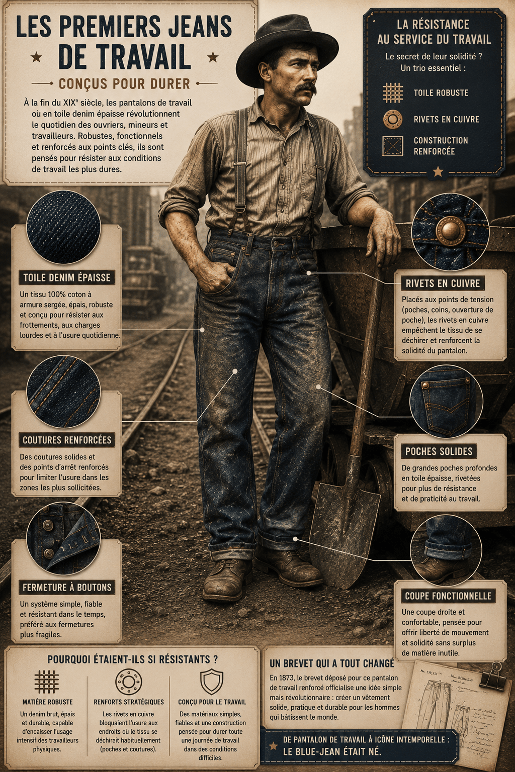 Travailleur américain de la fin du XIXe siècle portant un jean en denim épais avec rivets en cuivre, coutures renforcées et fermeture à boutons conçu pour résister aux conditions de travail difficiles