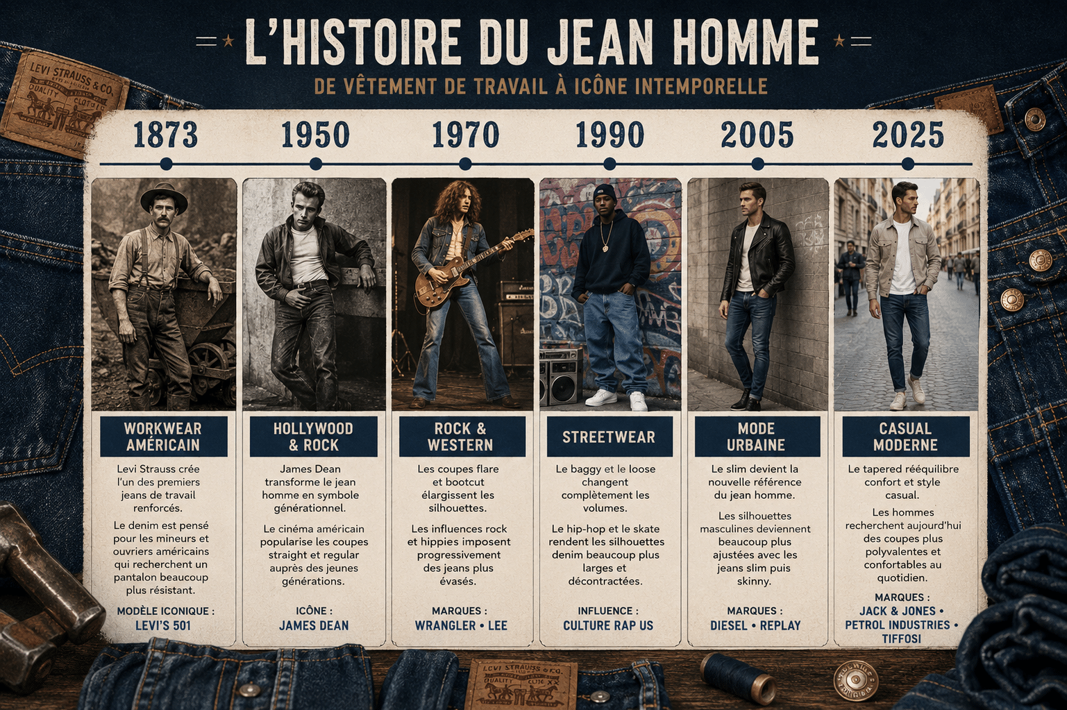 Mineurs et ouvriers américains portant les premiers jeans en denim robuste avec rivets métalliques et coutures renforcées à l'origine du vêtement de travail masculin