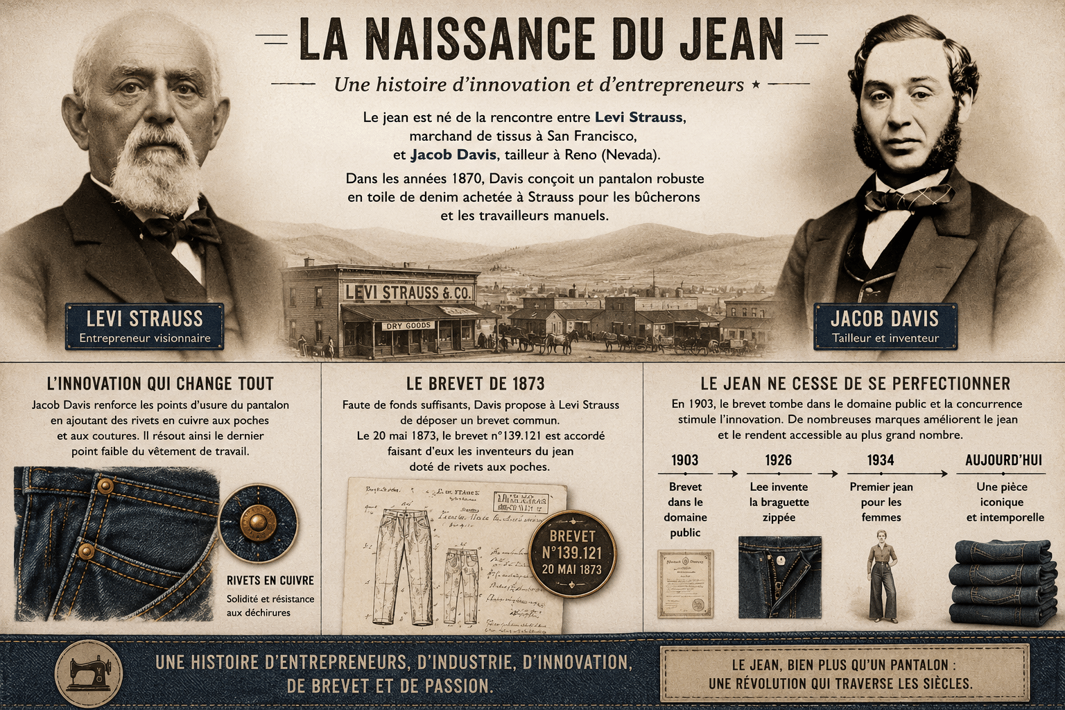 Portraits de Levi Strauss et Jacob Davis illustrant la création du premier jean renforcé par des rivets en cuivre et le brevet fondateur de 1873