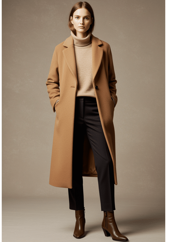 Photographie en pied d'une femme élégante vêtue d'un manteau long camel structuré, avec un pull en laine beige à col roulé en dessous