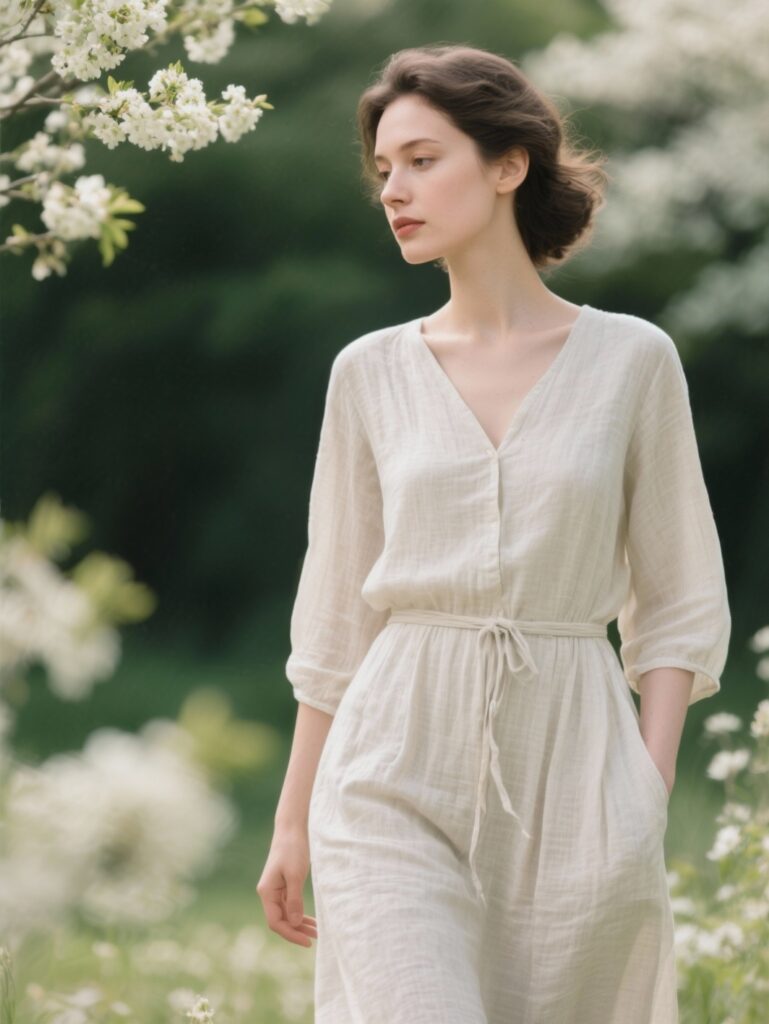 Image d’une femme élégante dans une tenue légère de printemps-été en tissus naturels comme le lin, le coton bio ou la soie. Elle porte une robe fluide aux couleurs douces : blanc cassé, pastel, nuances sable ou bleu ciel, exprimant fraîcheur et simplicité. En journée, la tenue est complétée par un top simple ou une jupe légère. Pour le soir, un blazer ou une veste légère ajoute une couche sans alourdir l’ensemble. Le décor est lumineux et aéré, avec des éléments naturels évoquant la douceur de la saison. L’ambiance générale doit transmettre légèreté raffinée, polyvalence et élégance discrète.