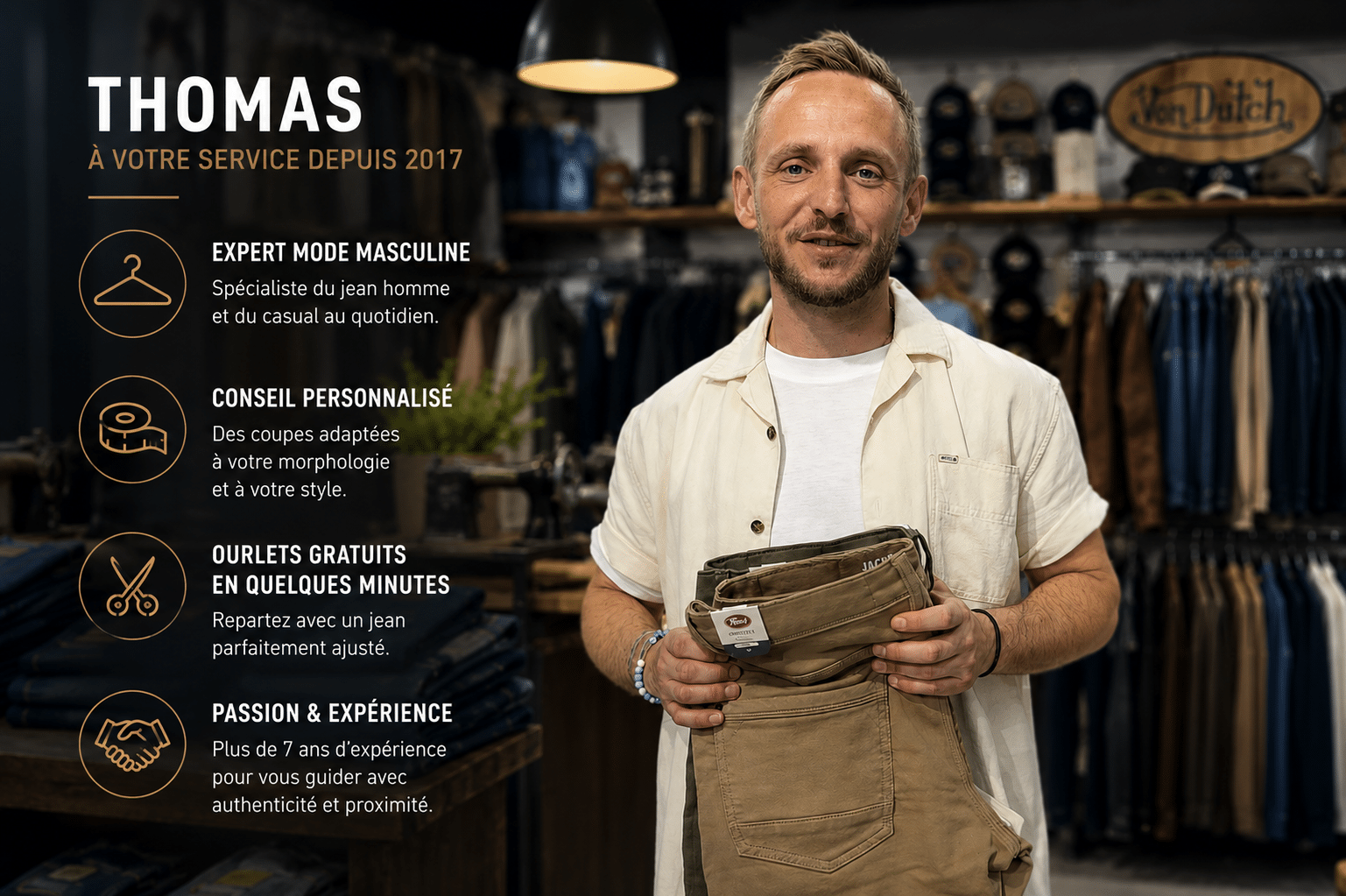 Thomas expert mode masculine chez Casual Sénas présentant un pantalon homme casual et conseillant les clients sur les coupes jeans homme et le denim moderne