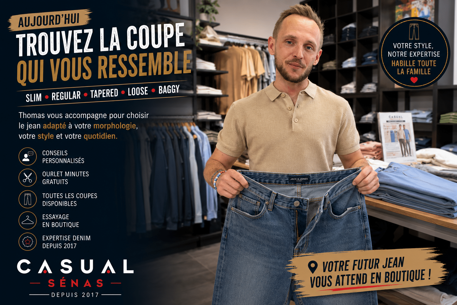 Thomas présentant un jean homme en boutique chez Casual Sénas et conseillant les clients sur le choix des coupes slim, regular, tapered et loose adaptées à leur morphologie
