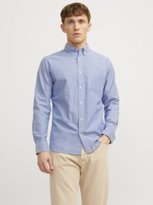 Chemise bleue Oxford Jack & Jones homme manches longues coton bio coupe ajustée col boutonné nouvelle collection hiver 2025