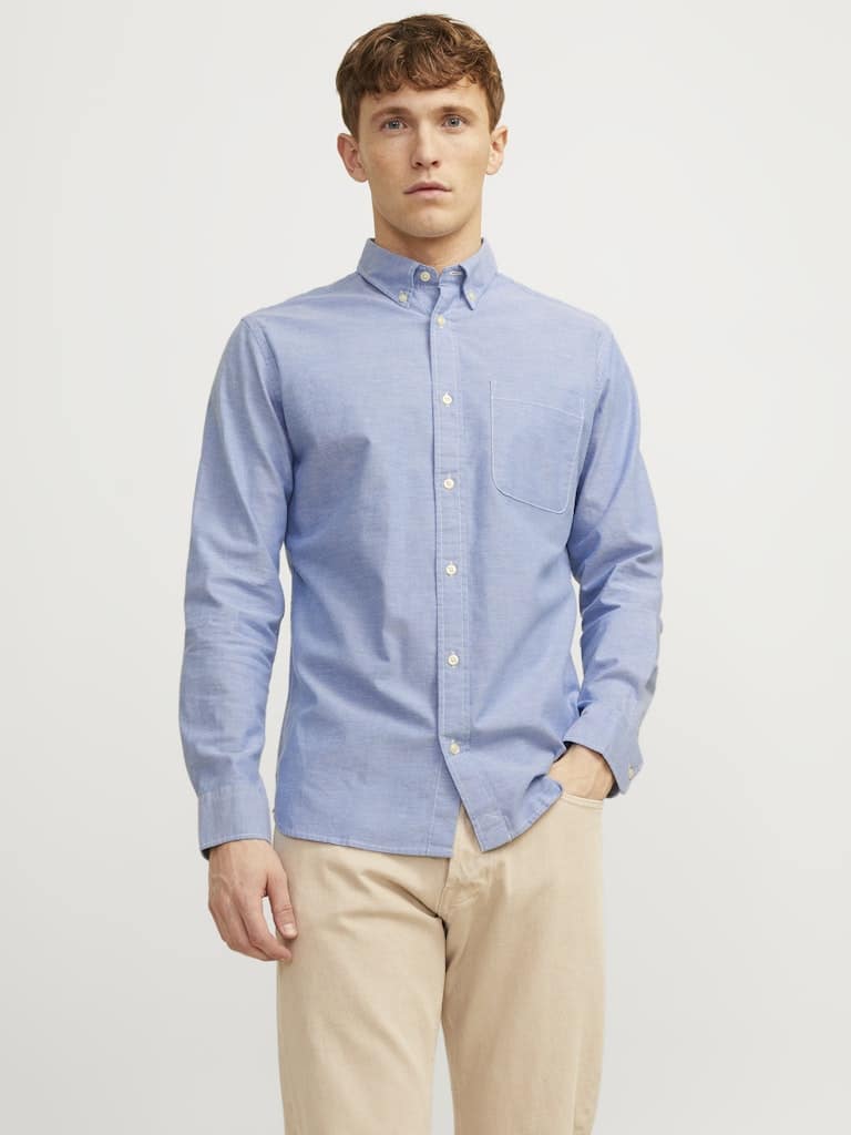Chemise bleue Oxford Jack & Jones homme manches longues coton bio coupe ajustée col boutonné nouvelle collection hiver 2025