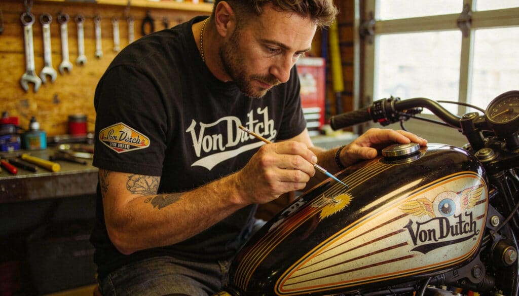 Atelier californien des années 50, artiste pinstriping travaillant à la main sur une moto custom vintage, ambiance garage américain, outils artisanaux, lumière naturelle, style documentaire rétro, couleurs chaudes, esthétique Kustom Kulture peinture d'un logo von dutch