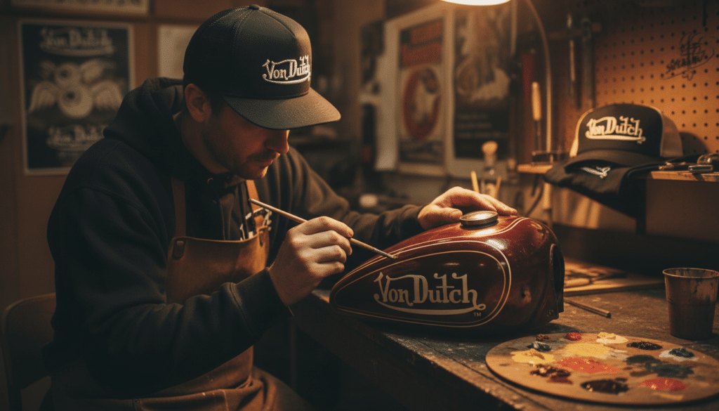 casquette von dutch sur la tete Main d'un artiste peignant des lignes fines sur une carrosserie de moto vintage