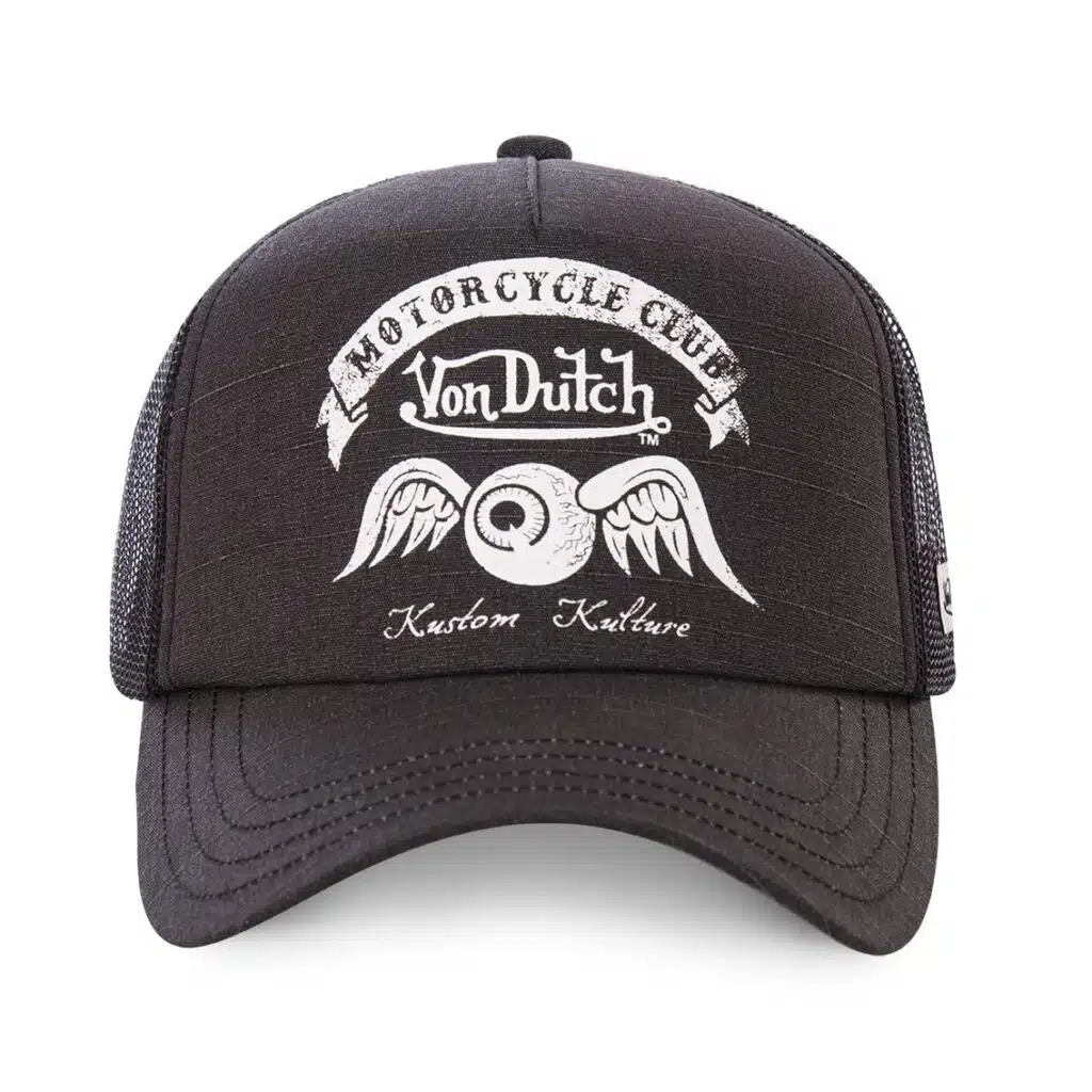 Casquette noire Von Dutch Crew8 trucker Flying Eye snapback visière arrondie filet noir