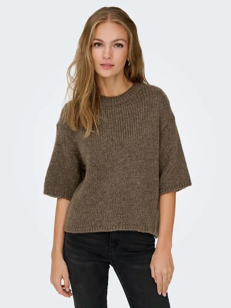 Pull marron manches 3/4 col rond JDY Linea 15367237 femme XS-XL PreSpring