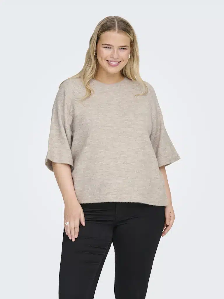 Pull beige col rond manches 3/4 femme ONLY maille douce