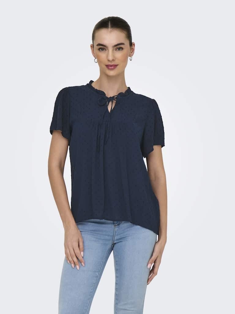 Blouse bleue légère JDY femme viscose col V nœud manches courtes
