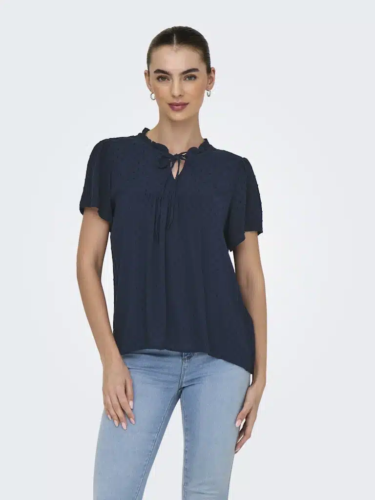Blouse bleue légère JDY femme viscose col V nœud manches courtes