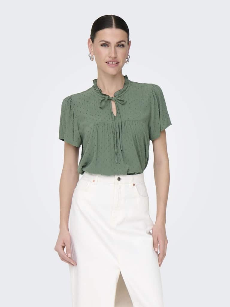 Blouse verte légère JDY femme viscose col V nœud manches courtes