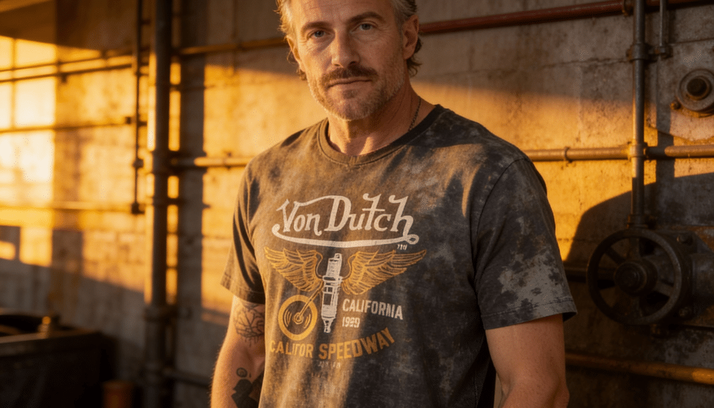 Un homme portant un t-shirt Von Dutch vintage, ambiance streetwear californienne, décor urbain légèrement industriel, lumière chaude de fin de journée, style rétro années 2000, attitude rebelle et confiante, photographie réaliste, grain argentique, profondeur de champ, esthétique Y2K, haute qualité éditoriale