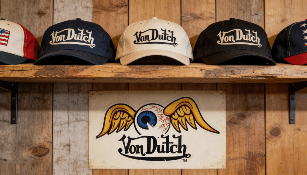 casquettes Von Dutch alignées sur étagère en bois brut, ambiance héritage américain, affiche publicitaire rétro