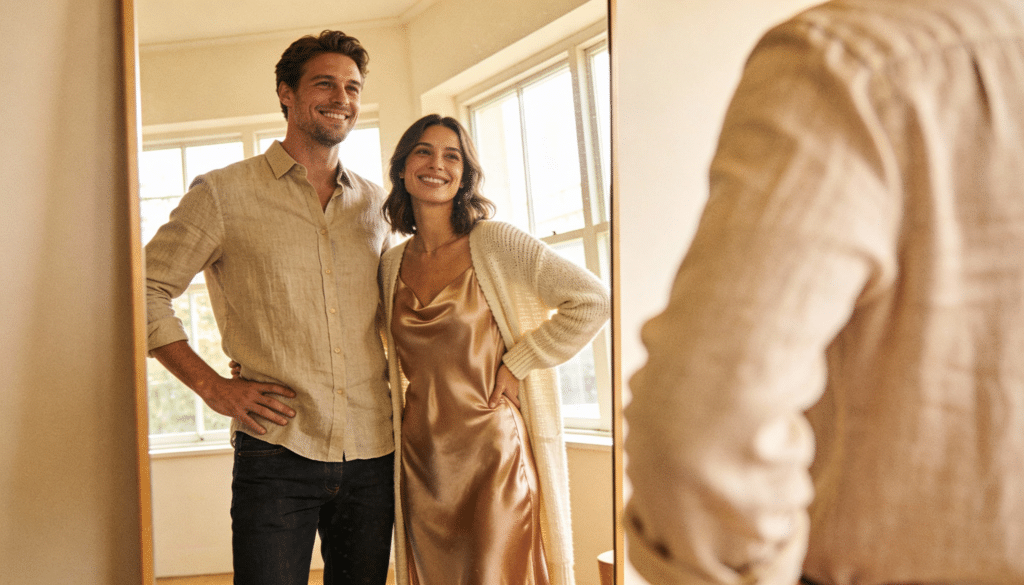 couple amoureux regarde ses cadeaux de la saint valentin vêtements pour homme et femme 