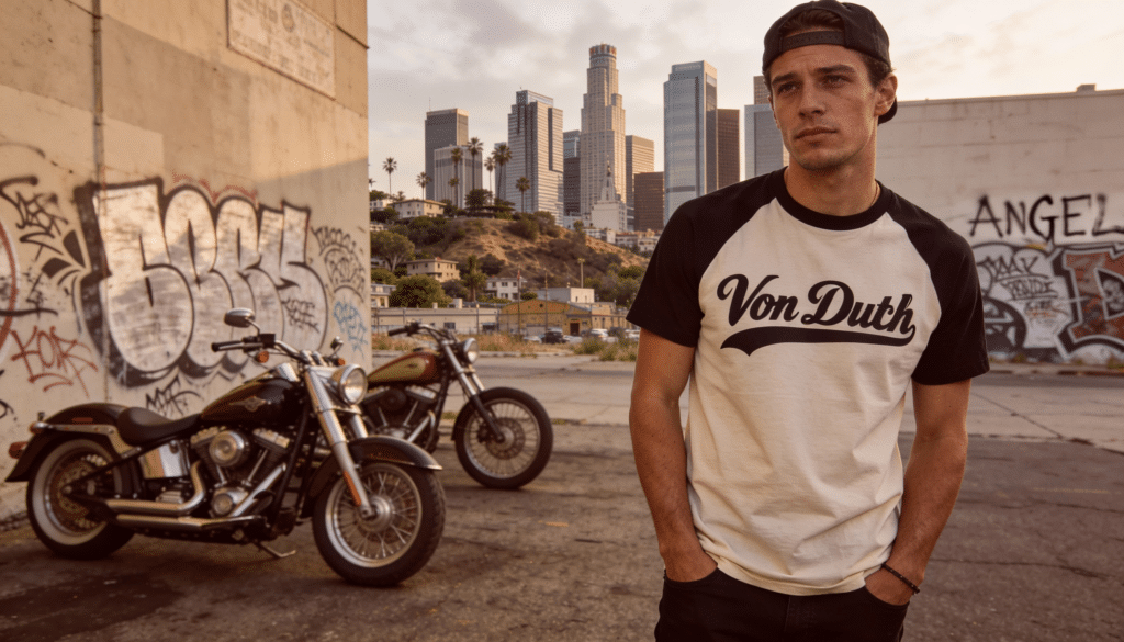 entre culture biker vintage et streetwear moderne, t-shirt Von Dutch porté par un jeune homme urbain, arrière-plan Los Angeles, contraste rétro et contemporain, photographie éditoriale mode, style lifestyle authentique