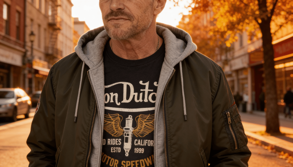 homme 50 ans cheveux grisonant .Look layering avec t-shirt Von Dutch sous un sweat à capuche et un bomber, ambiance urbaine automnale, couleurs chaudes, style streetwear vintage tenue idéale pour une balade à Aix en Provence ou Avignon en Automne
