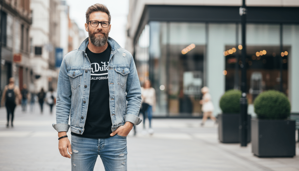 Homme portant un t-shirt Von Dutch lifestyle, look casual urbain, jean et sneakers, rue moderne, lumière naturelle, attitude détendue,  se balade dans les rue d'une ville comme Salon de Provencephotographie mode streetwear contemporaine 
