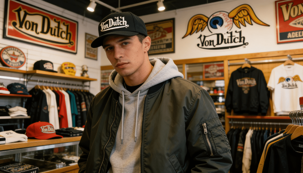 Homme portant une casquette Von Dutch dans un style mode urbaine actuelle 2026