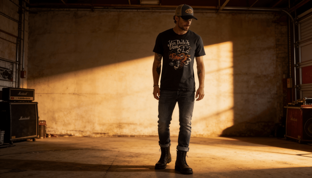 Look casual rock avec t-shirt Von Dutch, jean brut, bottines, casquette, ambiance rock vintage, éclairage contrasté, photographie mode masculine