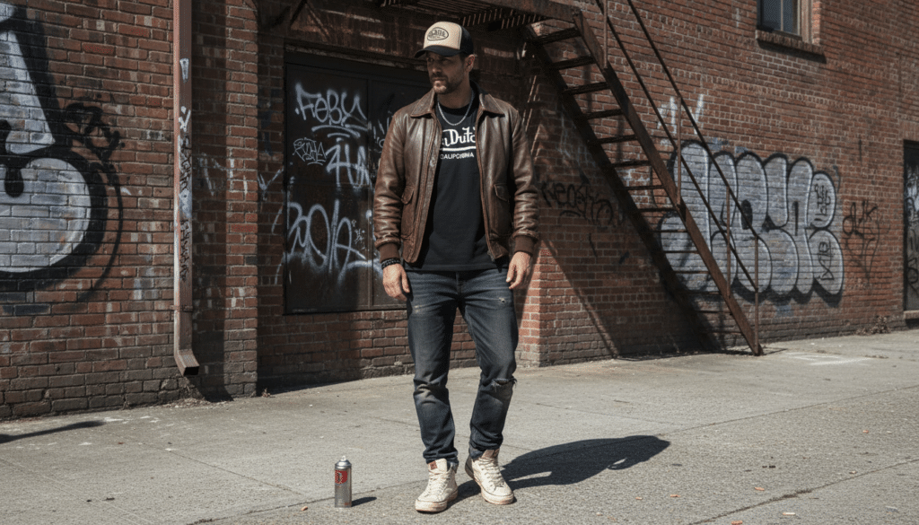 Look streetwear vintage Von Dutch, bomber rétro, sneakers old school, décor urbain, style années 90-2000, photographie lifestyle premium