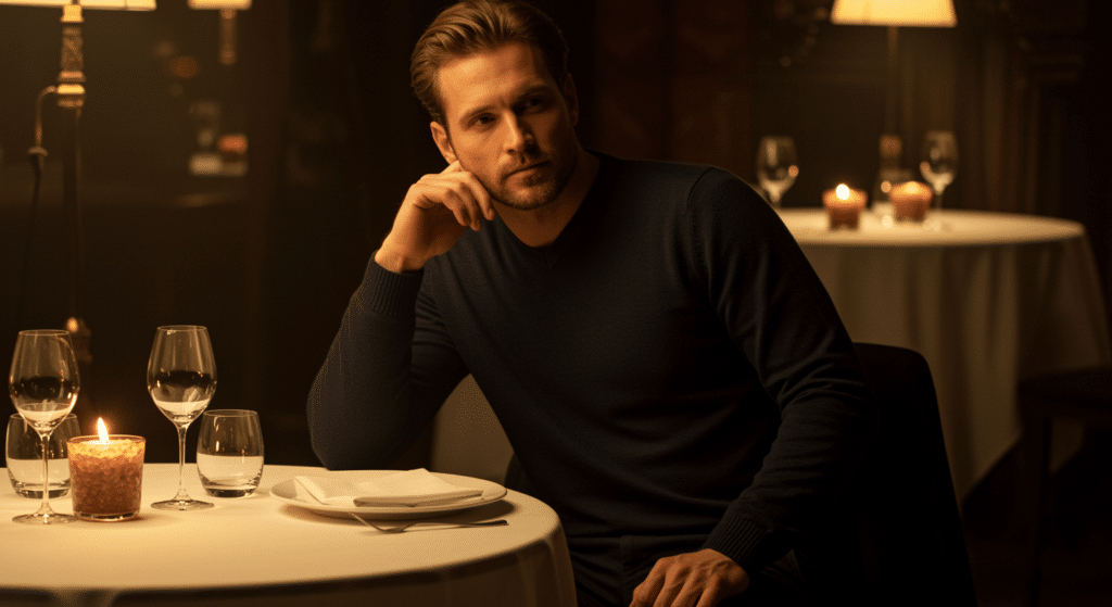 Homme portant un t-shirt uni sous un pull fin, jean bien coupé pour un dîner romantique à Salon-de-Provence, tenue casual chic pour la Saint-Valentin, lumière naturelle et cadre élégant, inspiration mode boutique Casual Sénas à Sénas, Cavaillon à proximité