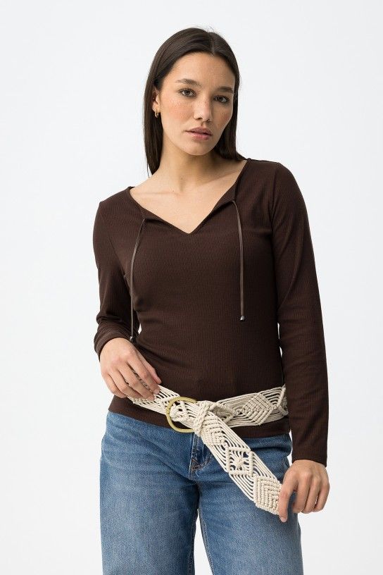T-shirt manches longues marron femme Tiffosi col V avec liens coupe ajustée XS XL vue face