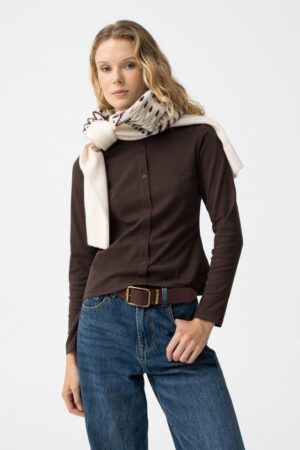 T-shirt marron manches longues boutonné femme Tiffosi – Coupe droite