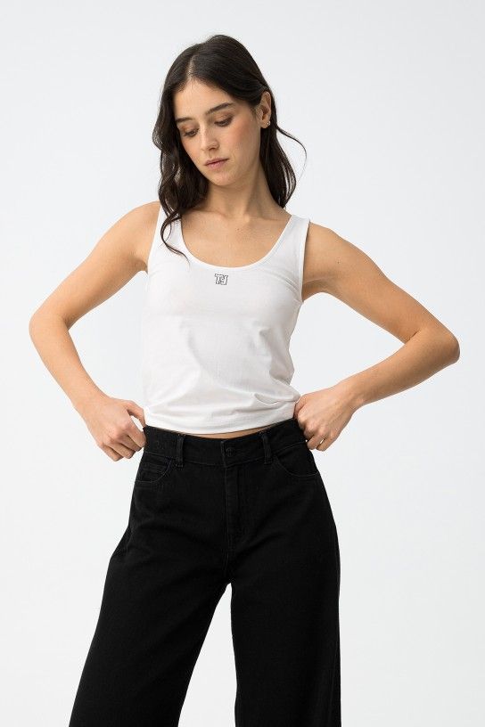 Débardeur blanc bretelles larges Tiffosi femme Santi coupe droite PE 2026 95% coton XS-L logo strass