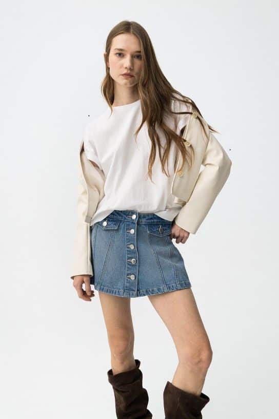 Jupe short jean bleu Tiffosi femme Lottie1 coupe droite courte PE 2026 100% coton XS-L tendance mi-saison