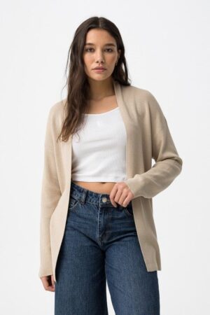 Gilet beige femme maille fine Tiffosi cardigan ouvert manches longues XS XL printemps été 2026