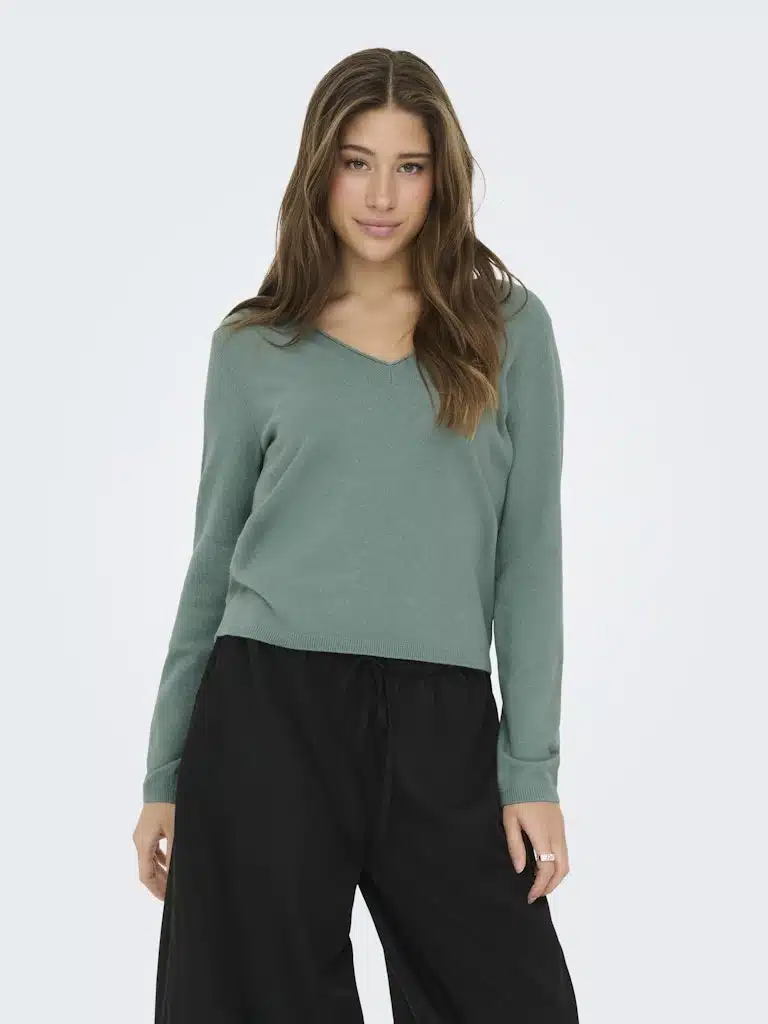 Pull vert femme maille fine col V ONLY printemps été manches longues XS XL