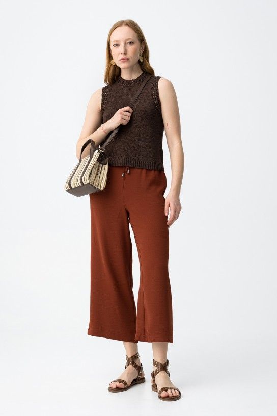 Pantalon marron femme fluide TIFFOSI Francesca coupe 7/8ème collection printemps été 2026 boutique Casual Sénas.