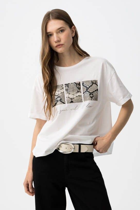 t-shirt blanc femme TIFFOSI veny dos ouvert à nouer imprimé python écriture argentée coton collection 2026 casual senas