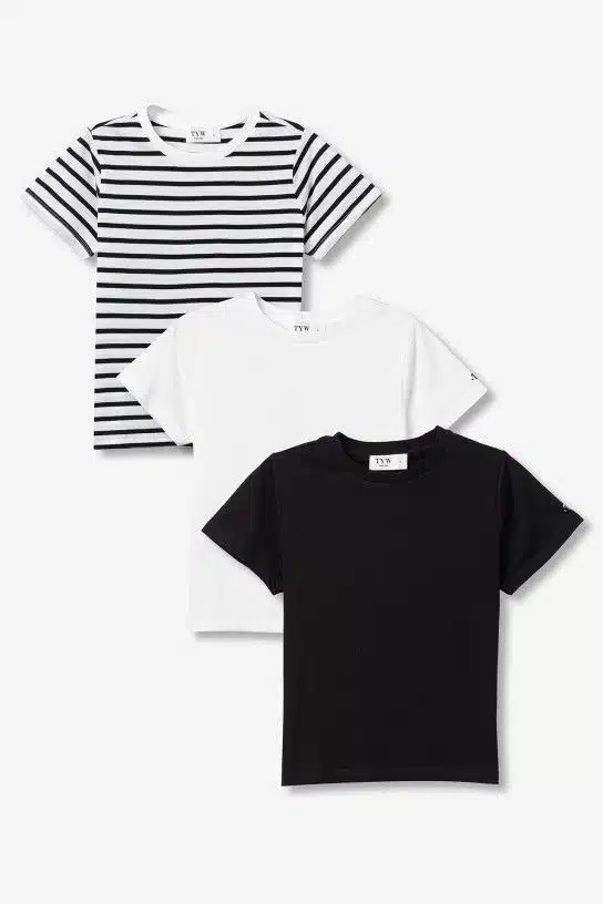 Lot de trois t-shirts manches courtes ado fille TIFFOSI Costa_P comprenant un modèle noir uni, un blanc uni et un rayé bleu/blanc style marinière nouvelle collection 2026 boutique Casual Sénas.