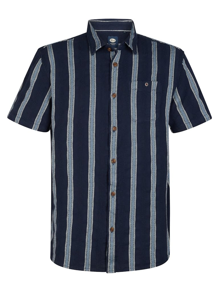Chemise homme manches courtes bleue navy à rayures Petrol Industries 100% coton coupe décontractée nouvelle collection printemps été 2026 boutique Casual Sénas.