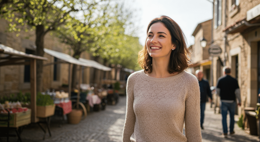Femme souriante marchant en extérieur au printemps, portant un pull léger femme en maille fine beige clair, posture détendue et confiante, lumière douce naturelle, ambiance printanière des marchés de Provence