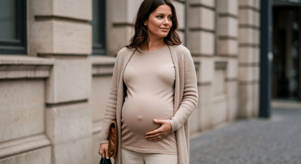 Femme enceinte portant un pull ton sur ton en maille fine avec cardigan long ouvert pour créer de la verticalité.