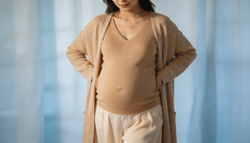 Femme enceinte portant un pull col V en maille fine beige avec cardigan ouvert pour équilibrer la silhouette.