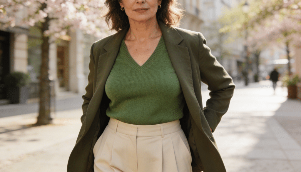 Femme de 50 ans portant un pull col V vert sauge et un pantalon large taille haute pour équilibrer un ventre central.