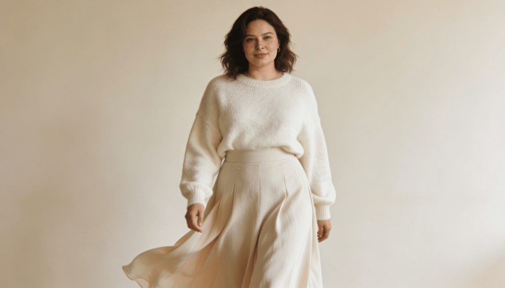 Femme portant un pull blanc cassé légèrement blousant avec jupe midi fluide taille haute pour équilibrer le ventre.