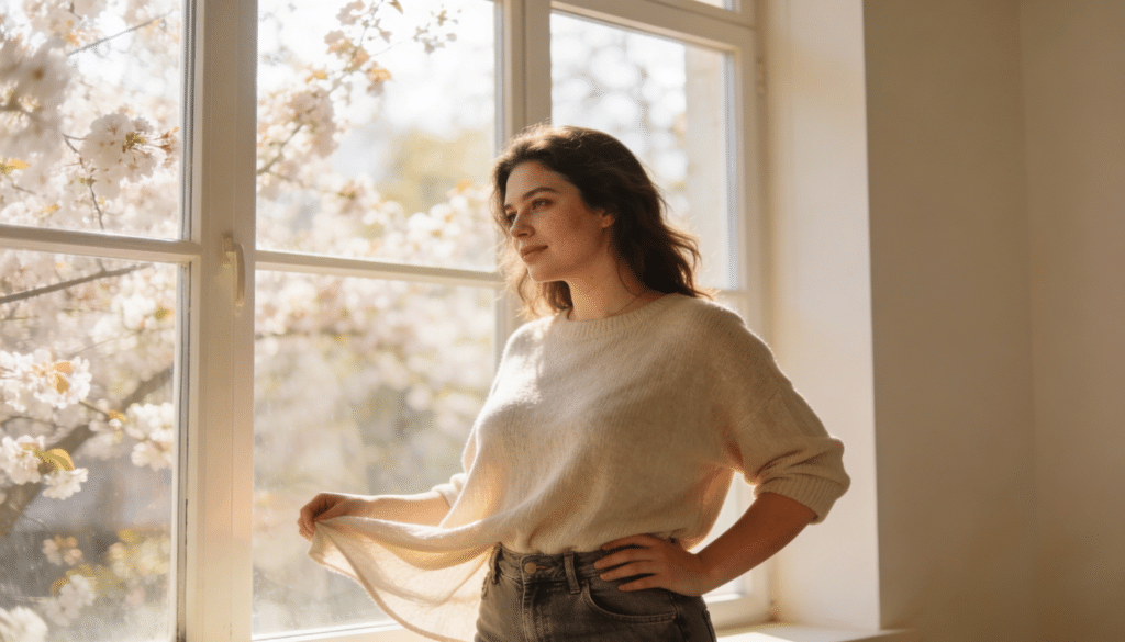 Femme post-partum portant un pull blanc cassé légèrement blousant avec jean taille haute pour structurer la silhouette.