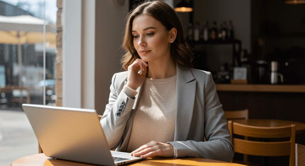 Pull léger femme en maille fine porté au bureau sous un blazer, tenue mi-saison élégante et confortable pour femme active.