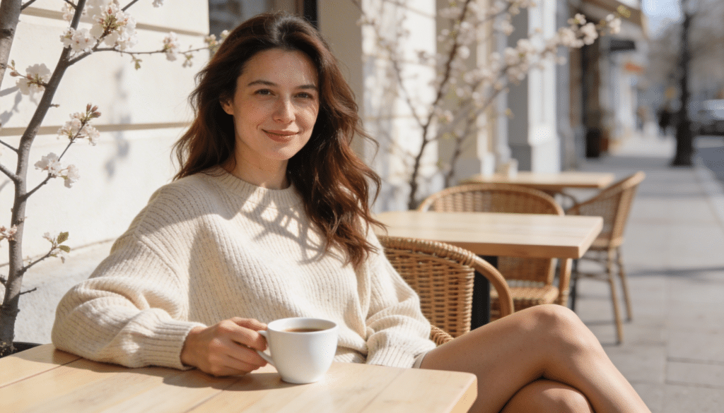 Femme active portant un pull maille fine femme beige au printemps, tenue mi-saison chic et confortable pour le bureau
