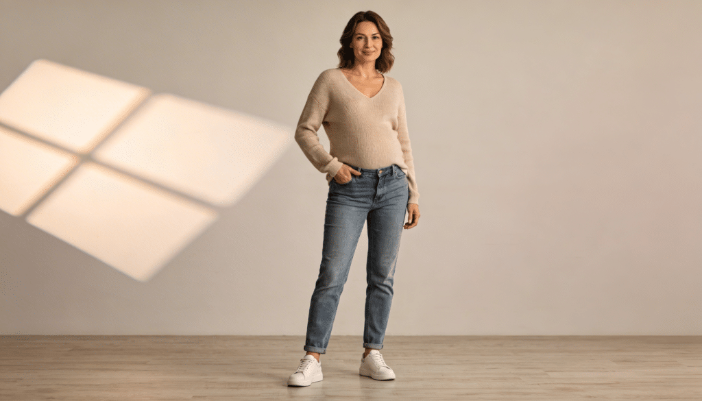 Look quotidien avec pull col V beige et jean taille haute pour affiner le ventre.