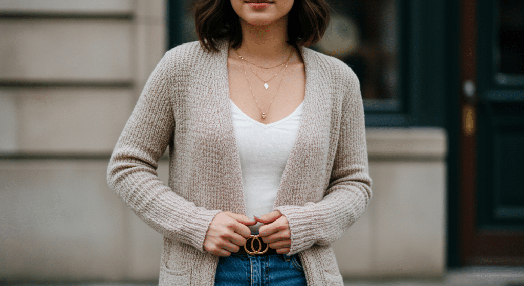 femme avec cardigan maille fine dans les rues d'aix en provence,